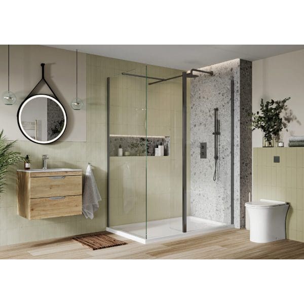 Modern showroom bathroom with walk-in shower, sleek vanity unit, and contemporary toilet, featuring neutral tones, stylish lighting, and natural accents for a minimalist and functional design.
