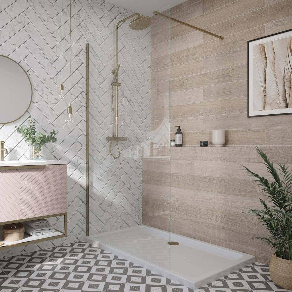 Modern walk-in shower with a glass screen, rainfall showerhead, and contemporary design, featuring natural wood-effect tiles and stylish bathroom accessories for a luxurious bathroom feel.