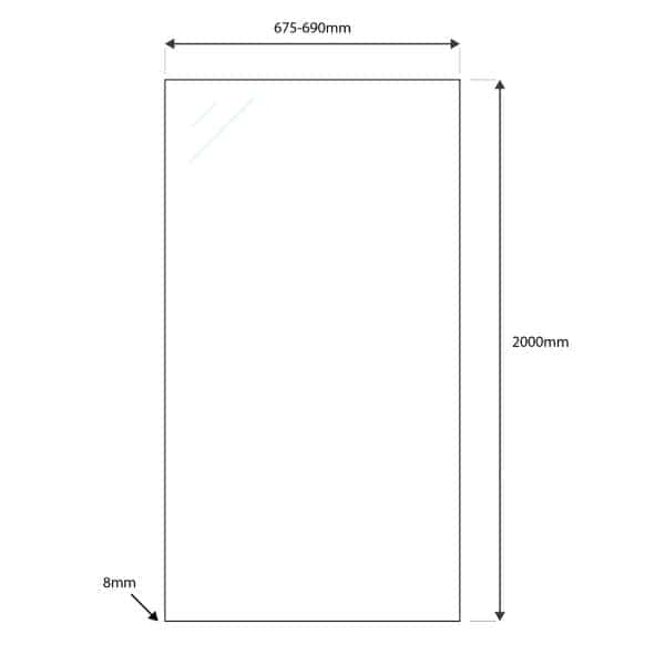 High-quality glass shower screen with precise dimensions for modern Bubly Bathrooms installations, measuring 2000mm x 675-690mm with 8mm thickness, ideal for stylish bathroom upgrades.