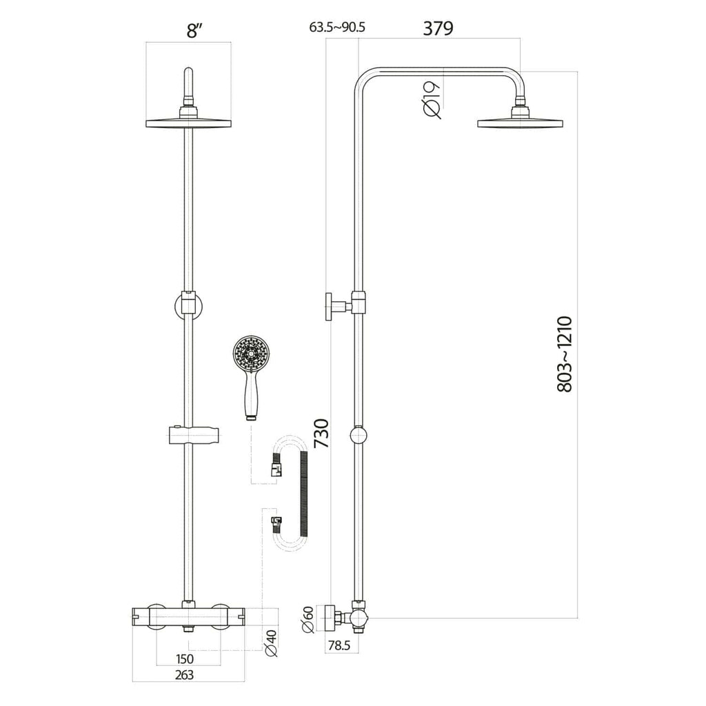 Shower fixture technical drawing with dimensions for Bubly Bathrooms, showcasing modern plumbing fittings with adjustable height and installation specifications.