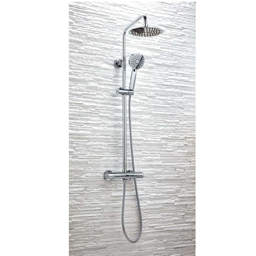 Shower system with chrome finish, rainfall showerhead, hand-held shower head, and adjustable sliding bar, installed on textured white tiled bathroom wall.