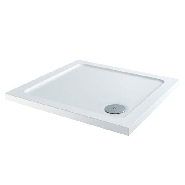 Blue and white shower tray with a round chrome drain cover, suitable for modern bathrooms. The shower tray features a minimalist design with a non-slip surface for safety and durability.