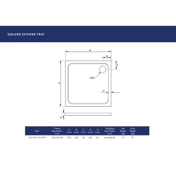 2. Precise technical drawing of a square shower tray with dimensions and installation details for modern bathroom fittings.