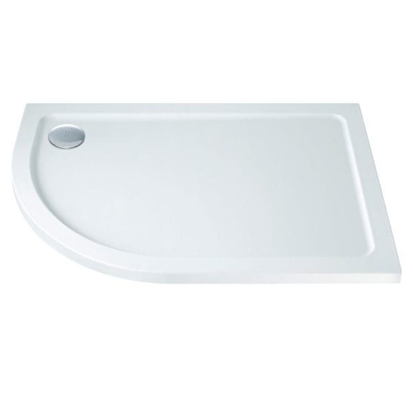 Shower tray with rounded front edge and chrome drain, ideal for modern bathroom designs. Durable acrylic surface for easy cleaning and installation flexibility. Suitable for walk-in showers and bathroom refurbishments.