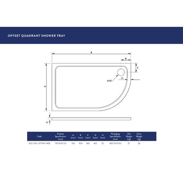 High-quality offset quadrant shower tray with precise dimensions, ideal for modern bathrooms; durable and easy to install for a sleek, water-efficient shower experience.