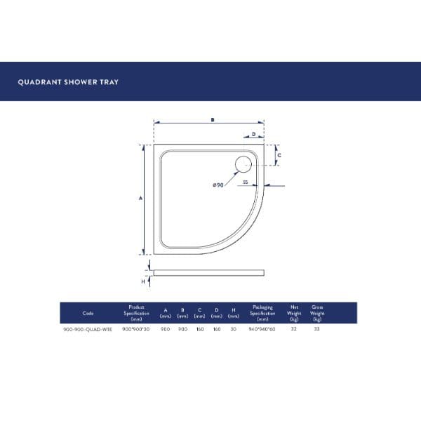 High-quality quadrant shower tray diagram for bathroom renovations, showcasing precise dimensions and installation specifications for optimal bathroom design.