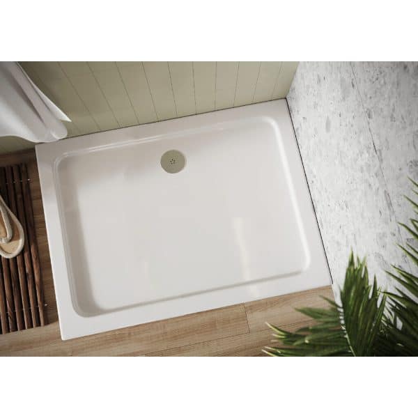 Shower tray for modern bathrooms, white and rectangular with built-in drain, ideal for stylish and functional bathroom renovation.