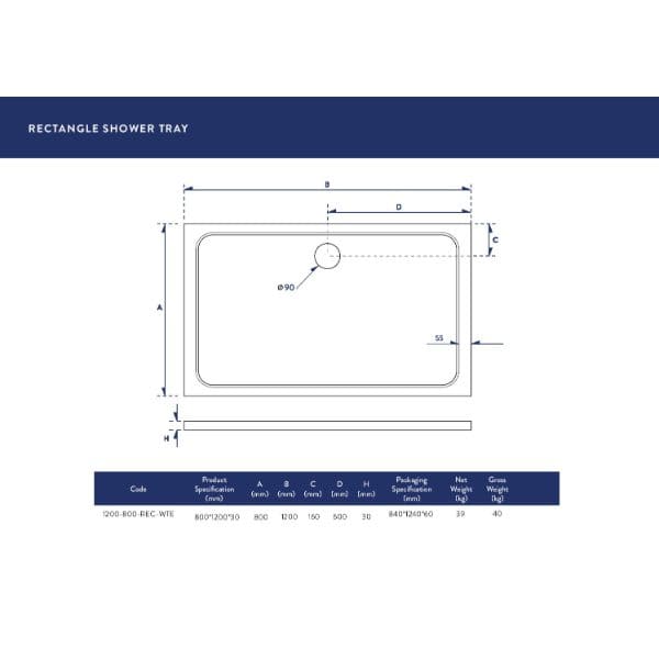 Rectangular shower tray diagram, size specifications, and installation dimensions for Bubly Bathrooms. Ideal for personalised bathroom renovations and modern shower setups.