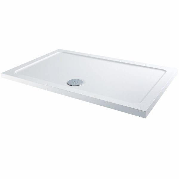 Modern white shower tray with a central drain, perfect for contemporary bathroom renovations and walk-in shower installations. Durable, easy to clean, and designed for optimal water drainage.
