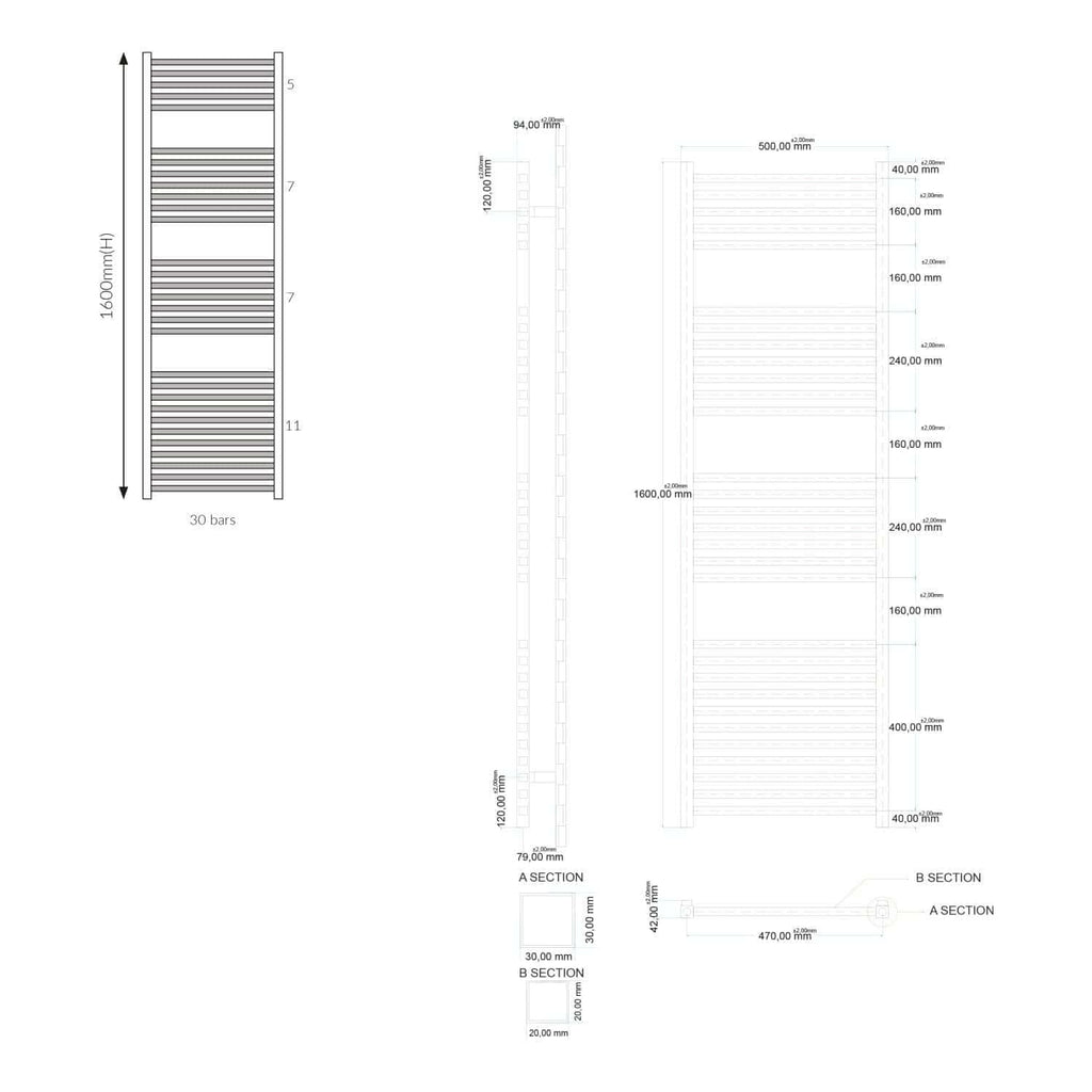 Elegant towel radiator design with detailed measurements, ideal for modern bathroom heating solutions; perfect for incorporating style and functionality in bathroom interiors.
