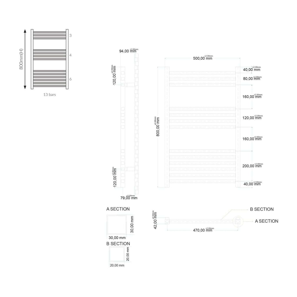 13 bar heated towel rail design with precise technical blueprints for bathroom heating solutions.
