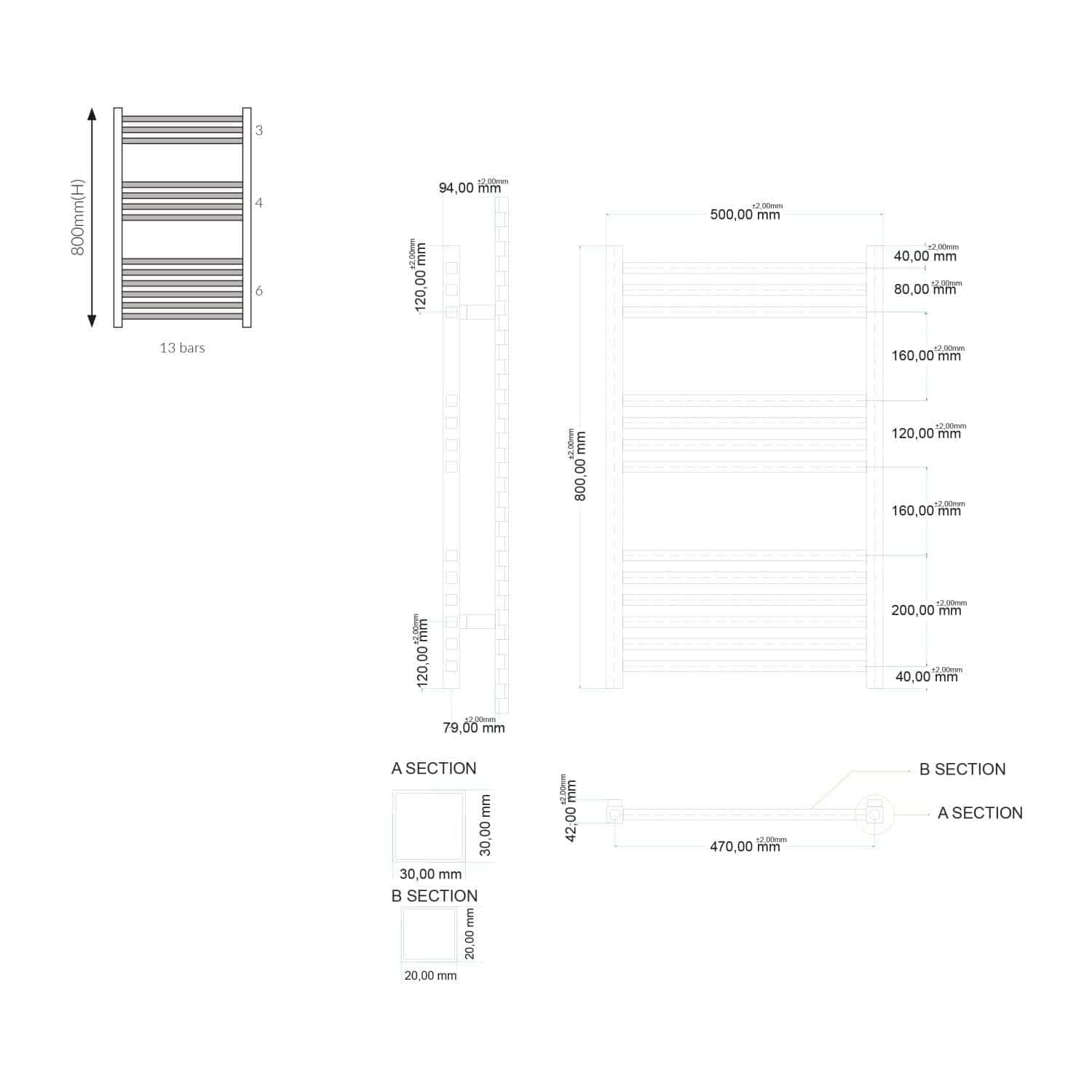 13 bar heated towel rail design with precise technical blueprints for bathroom heating solutions.