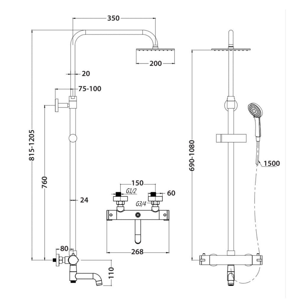 High-quality shower system diagram with precise measurements for bathroom installation, ideal for bathroom renovations and modern bath design.