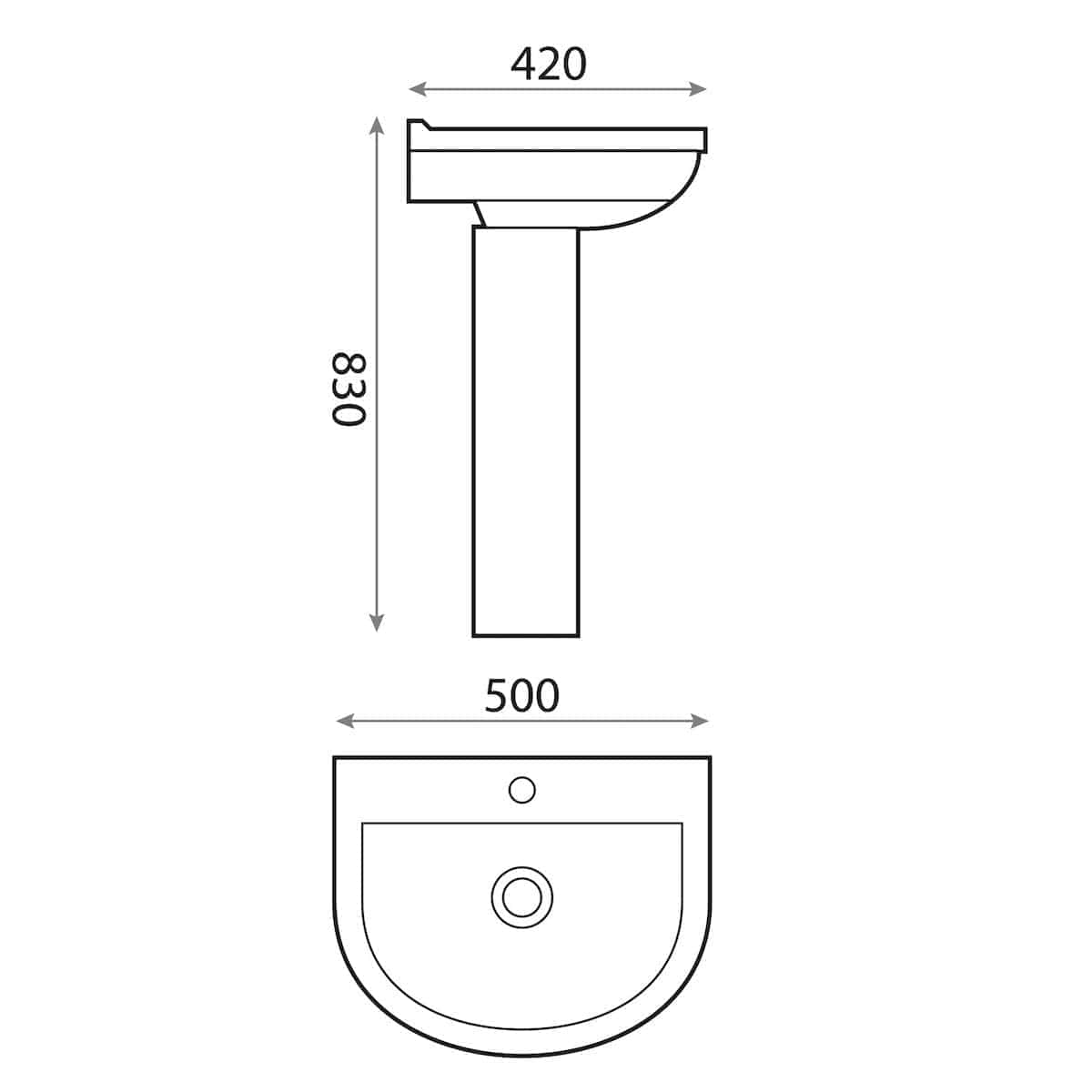 Modern bathroom schematic drawing with detailed measurements for installation, showcasing a sleek sink and pedestal design for stylish Bubly bathrooms.