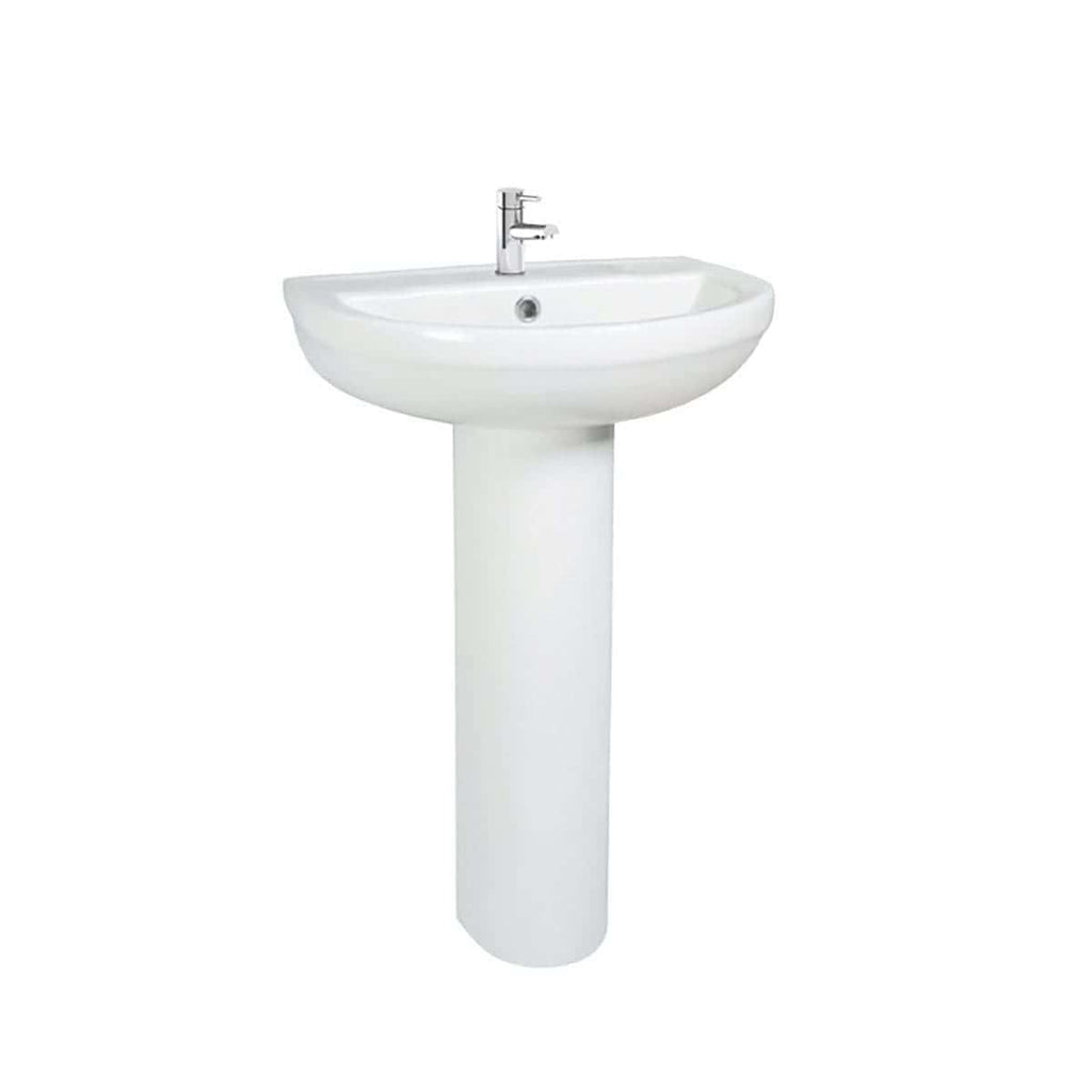 Elegant white bathroom wash basin with pedestal, perfect for modern or traditional bathroom designs, featuring a sleek chrome tap and practical basin unit.