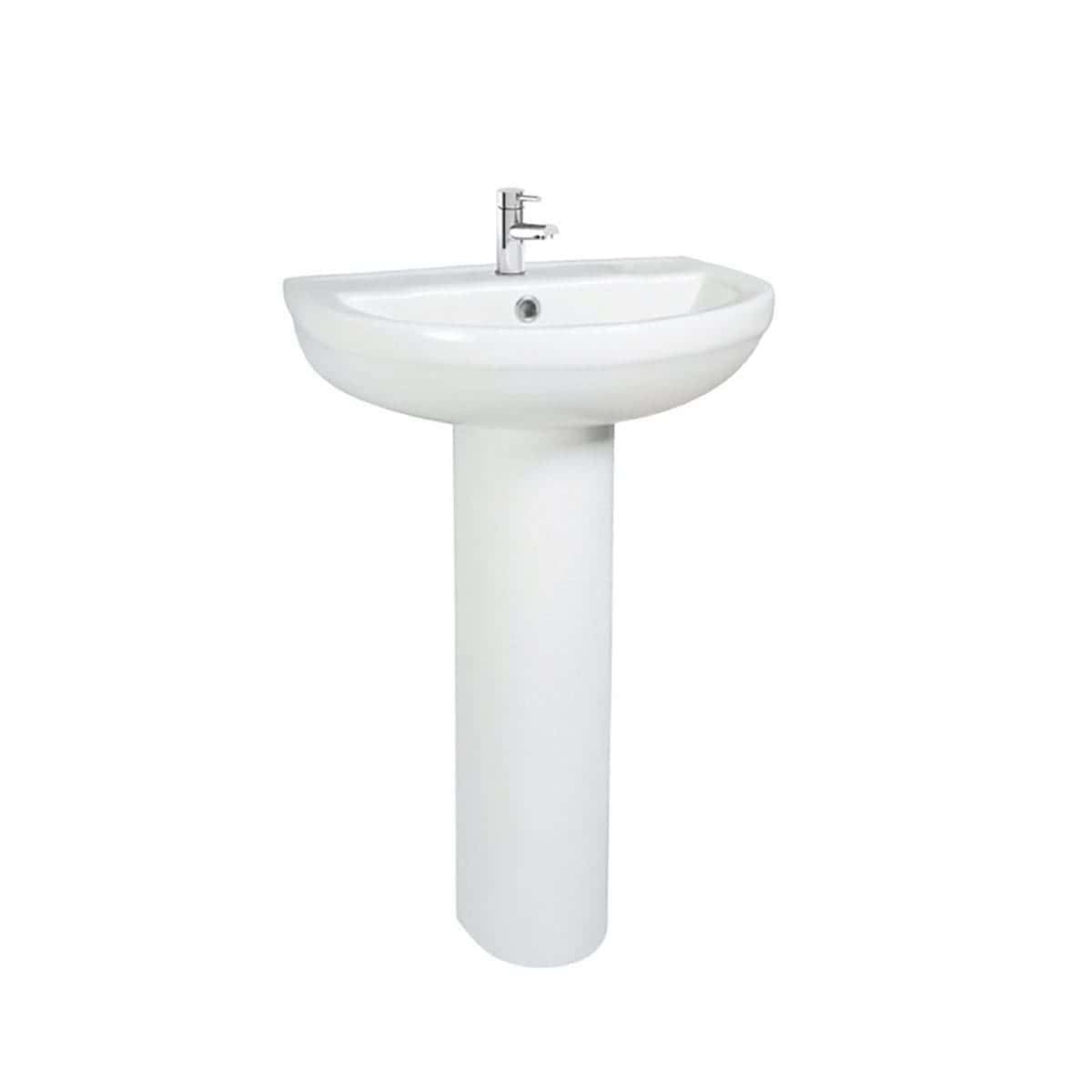 Elegant white bathroom wash basin with pedestal, perfect for modern or traditional bathroom designs, featuring a sleek chrome tap and practical basin unit.