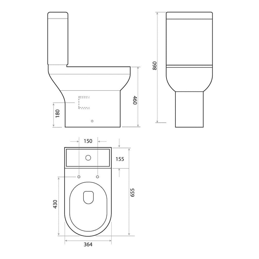 Sleek modern toilet design with detailed technical drawings, including front, side, and top views, showcasing precise measurements perfect for custom bathroom installations.