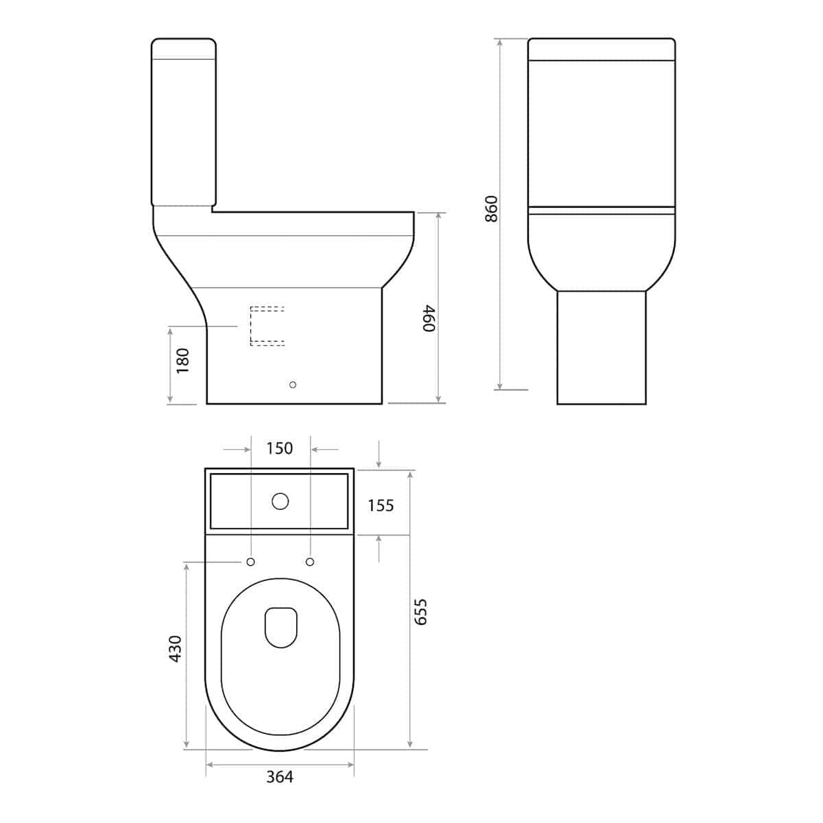 Sleek modern toilet design with detailed technical drawings, including front, side, and top views, showcasing precise measurements perfect for custom bathroom installations.