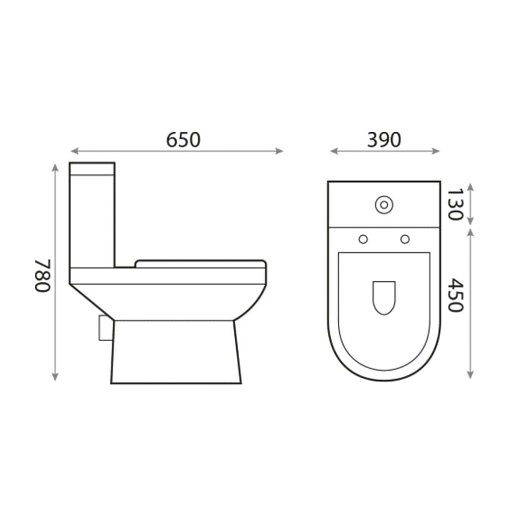 Schematic diagram of a modern toilet and bidet combo with precise measurements for bathroom design and installation. Includes front and side views, perfect for bathroom renovation planning.