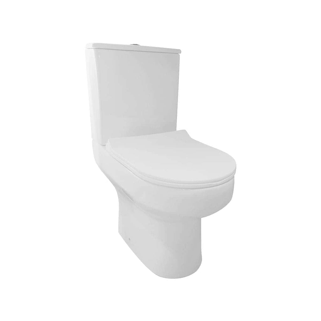 Modern white close-coupled toilet from Bubly Bathrooms, ideal for contemporary bathrooms, featuring a sleek design, efficient flushing system, and easy-to-clean surface.