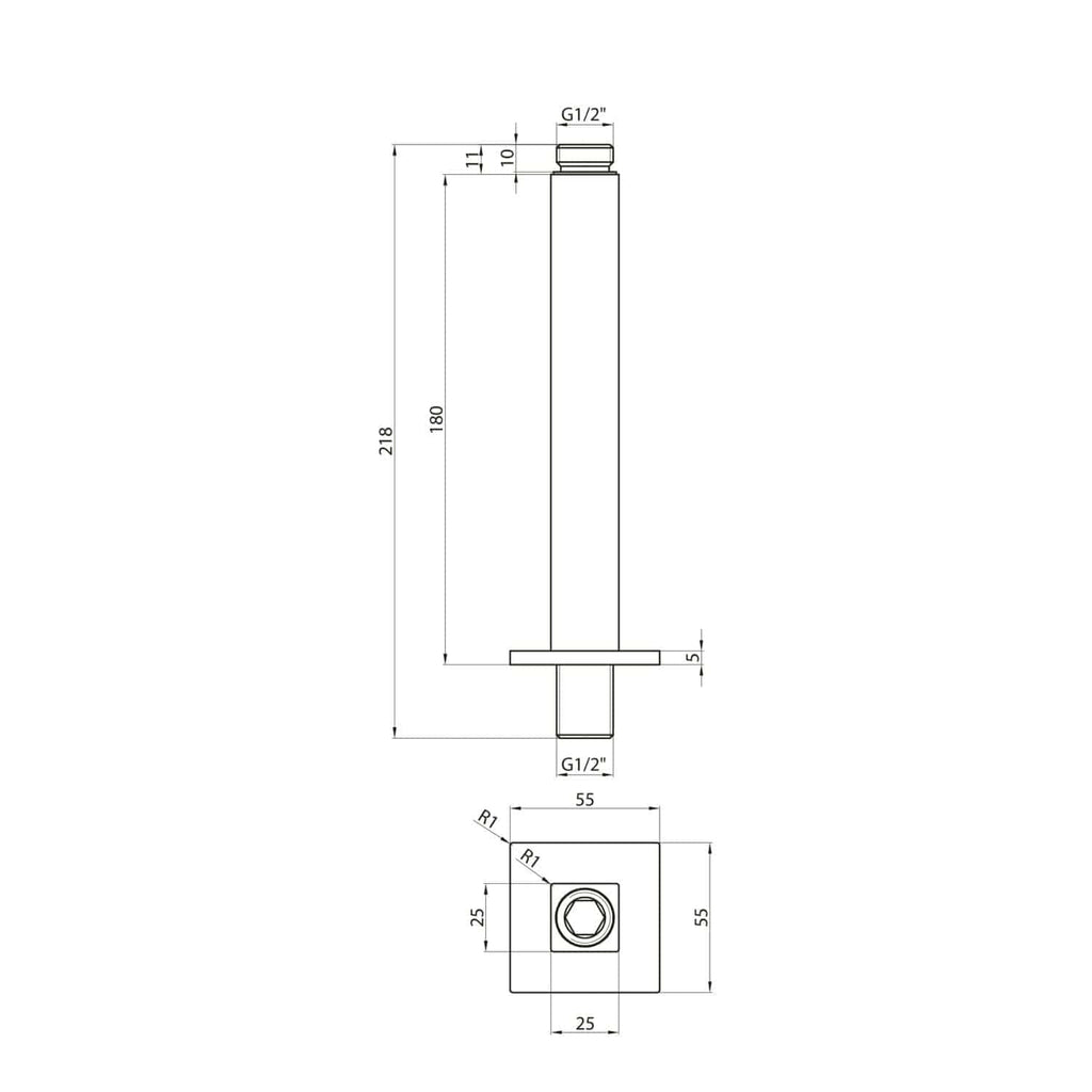 High-quality technical drawing of Bubly Bathrooms adjustable shower slide rail with precise dimensions and G1/2" fittings for modern bathroom installations.