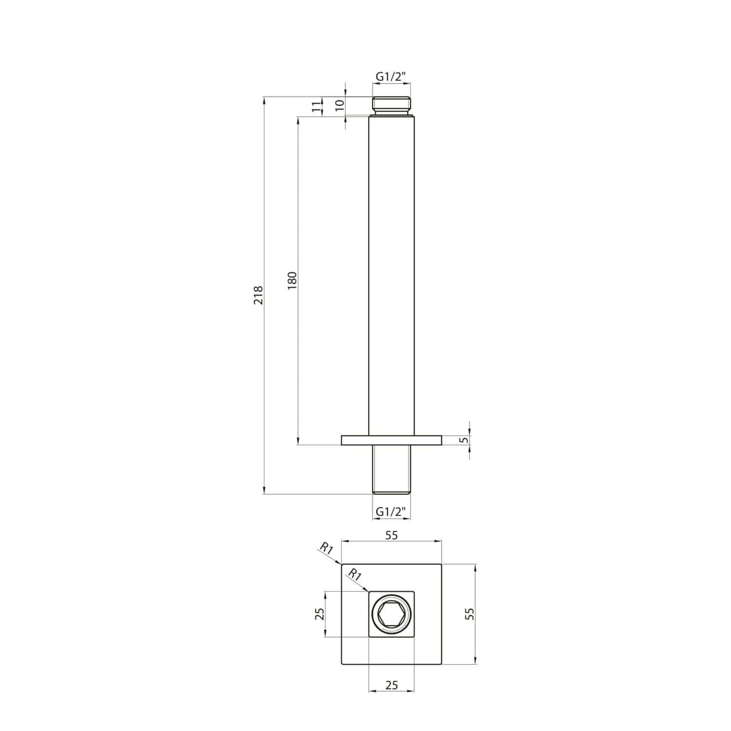 High-quality technical drawing of Bubly Bathrooms adjustable shower slide rail with precise dimensions and G1/2" fittings for modern bathroom installations.
