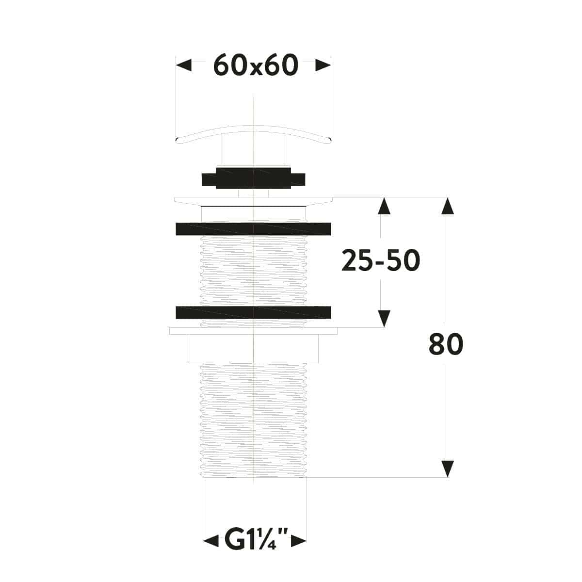Flexible bath overflow fitting diagram showing dimensions and installation details for bathroom plumbing. Designed for secure and efficient overflow management in modern bath installations.