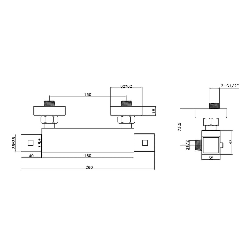High-quality technical drawing of Bubly Bathrooms plumbing fittings, showing detailed measurements and connectors for bathroom installations. Designed for precision and durability in plumbing setup.