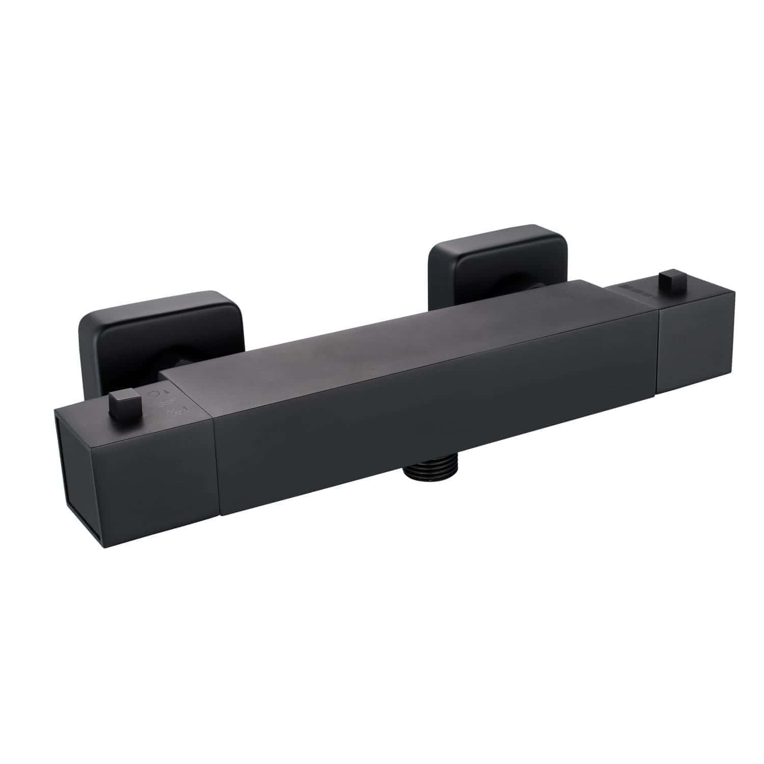 Black modern thermostatic shower valve with dual control levers, ideal for contemporary bathroom upgrades. Designed for precise water temperature regulation and easy installation.