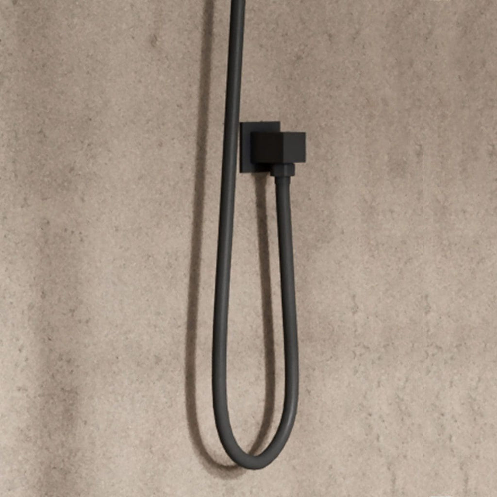 Flexible black shower hose with wall mount fitting for bathroom shower systems.