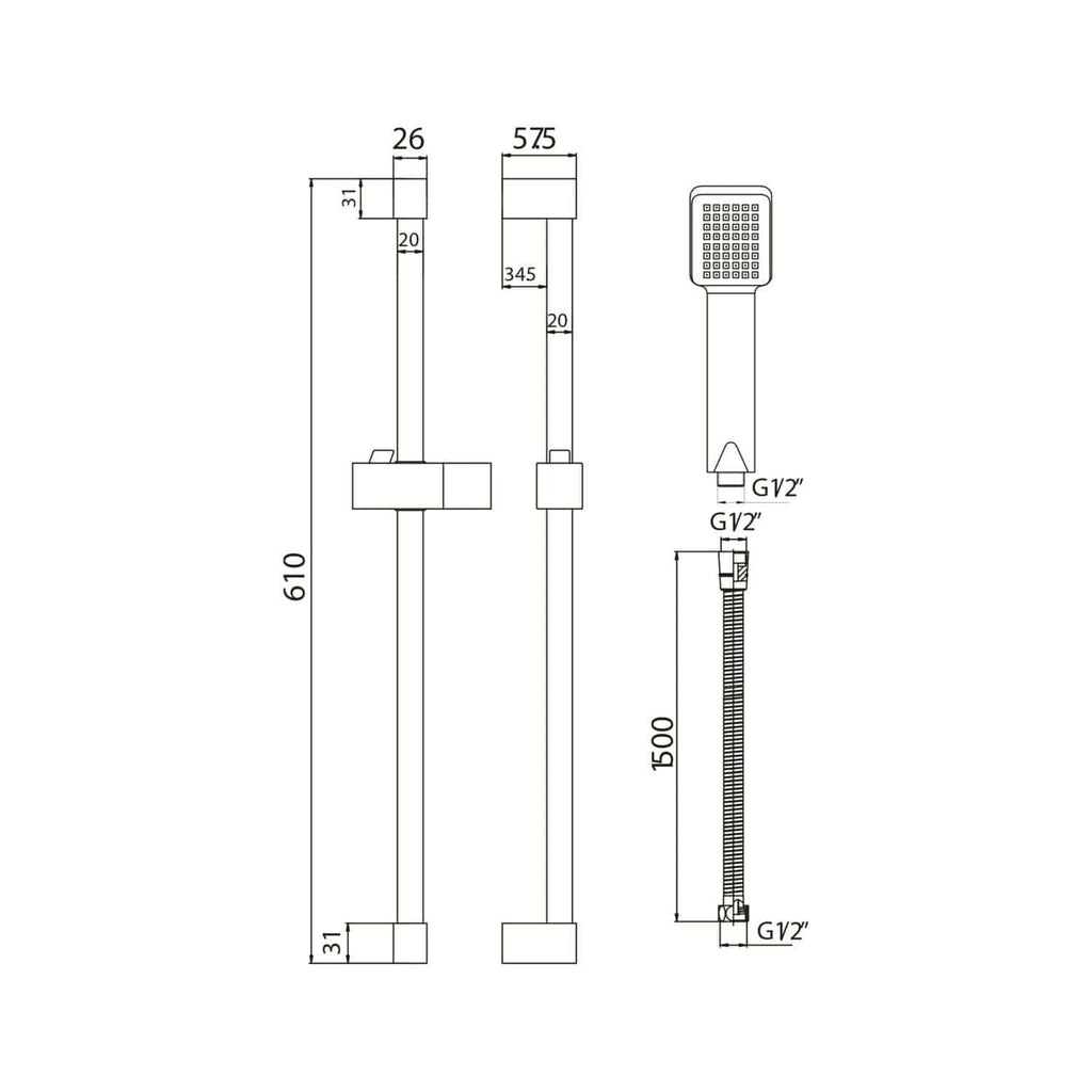 High-resolution technical drawing of a modern handheld shower and rail system with detailed measurements, ideal for bathroom renovation or design projects.