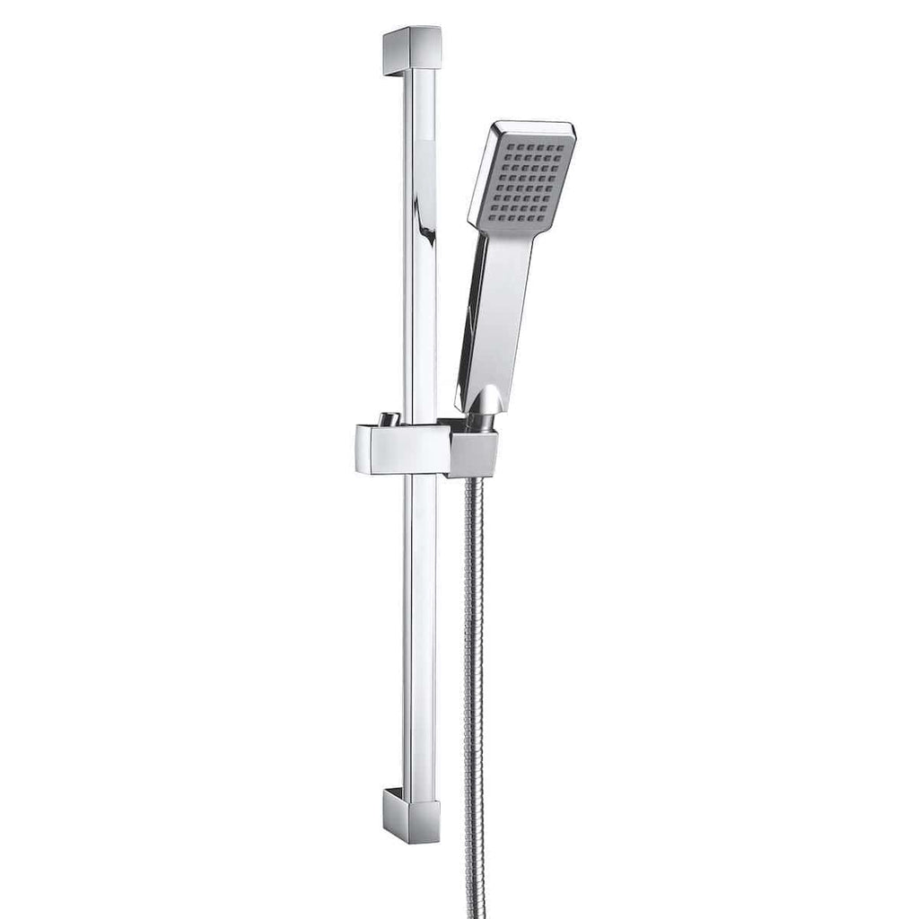 Sleek modern handheld shower head with adjustable height rail, chrome finish for a stylish bathroom upgrade. Ideal for versatile and comfortable shower experiences in Bubly Bathrooms.