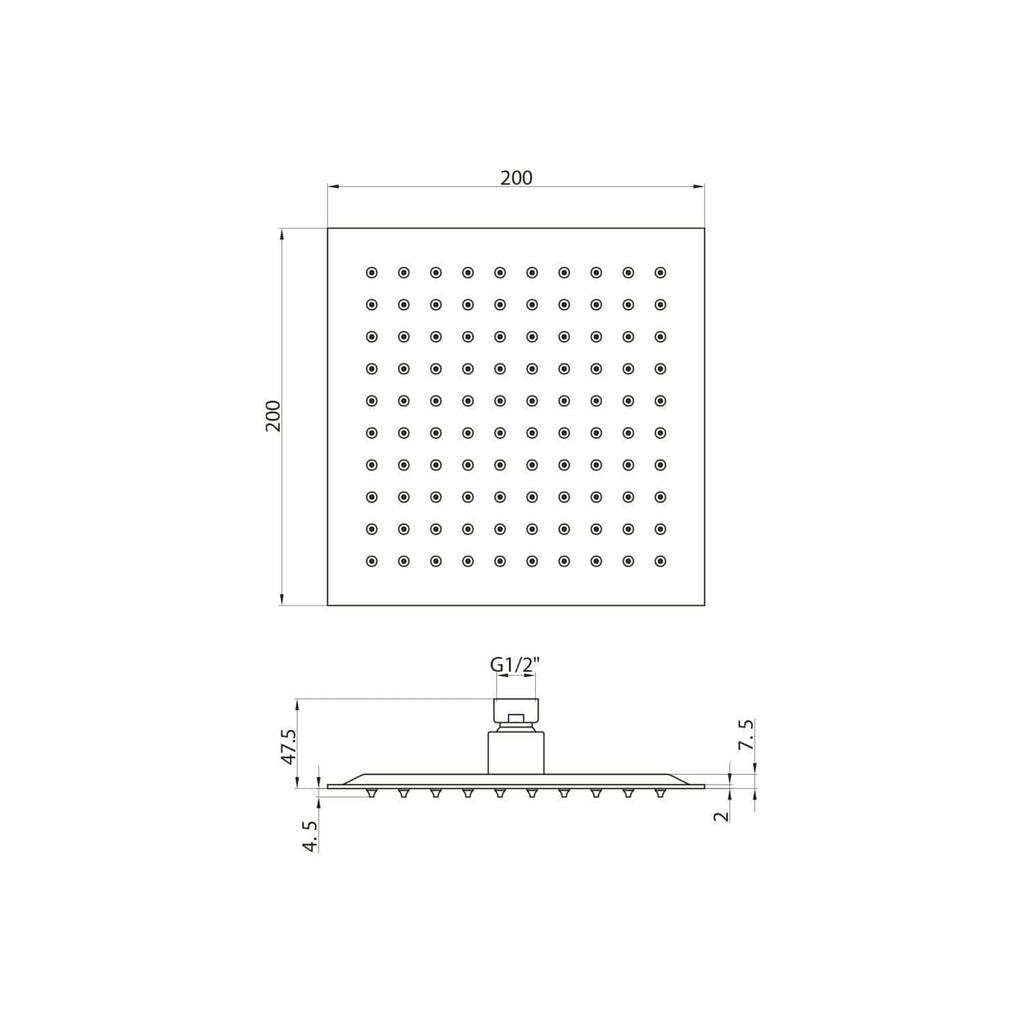 Square rain shower head with 200mm dimensions, polished chrome finish, and G1/2" connection for modern bathroom design.