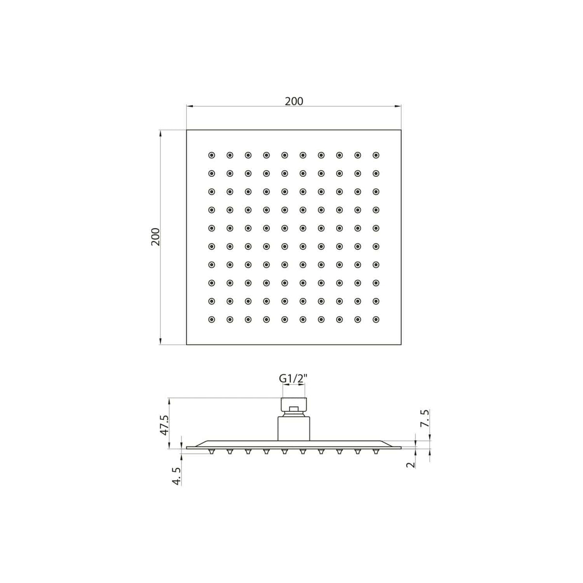 Square rain shower head with 200mm dimensions, polished chrome finish, and G1/2" connection for modern bathroom design.