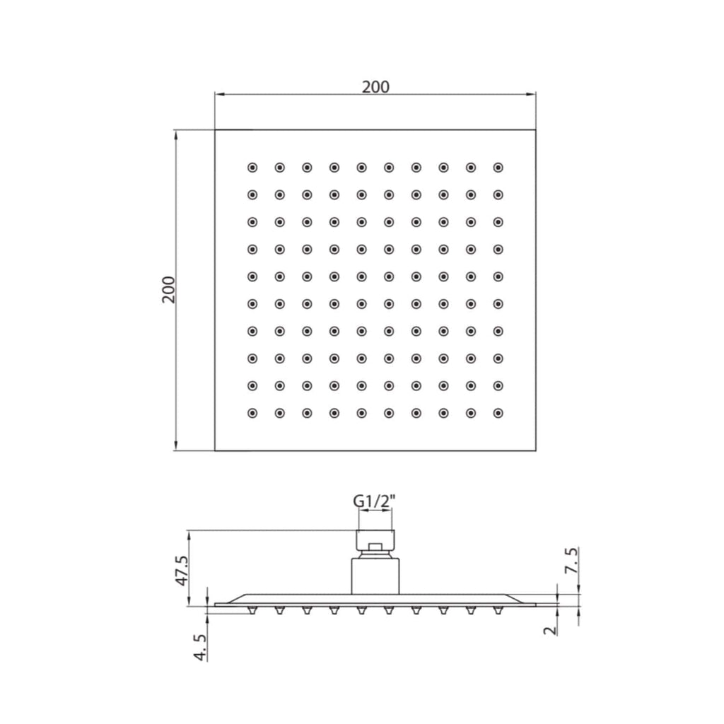 High-quality showerhead diagram showcasing dimensions and specifications for modern bathroom design. Perfect for bathroom renovation, featuring detailed technical drawings.