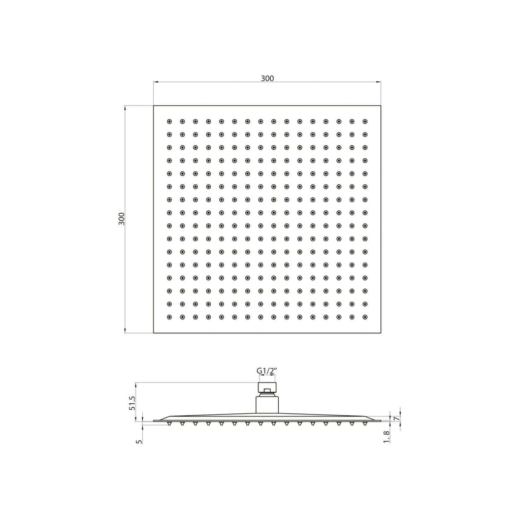 Square-shaped shower head with adjustable spray nozzles, 300mm diameter, chrome finish, suitable for modern bathrooms, easy to install and customise water flow for a luxurious shower experience.