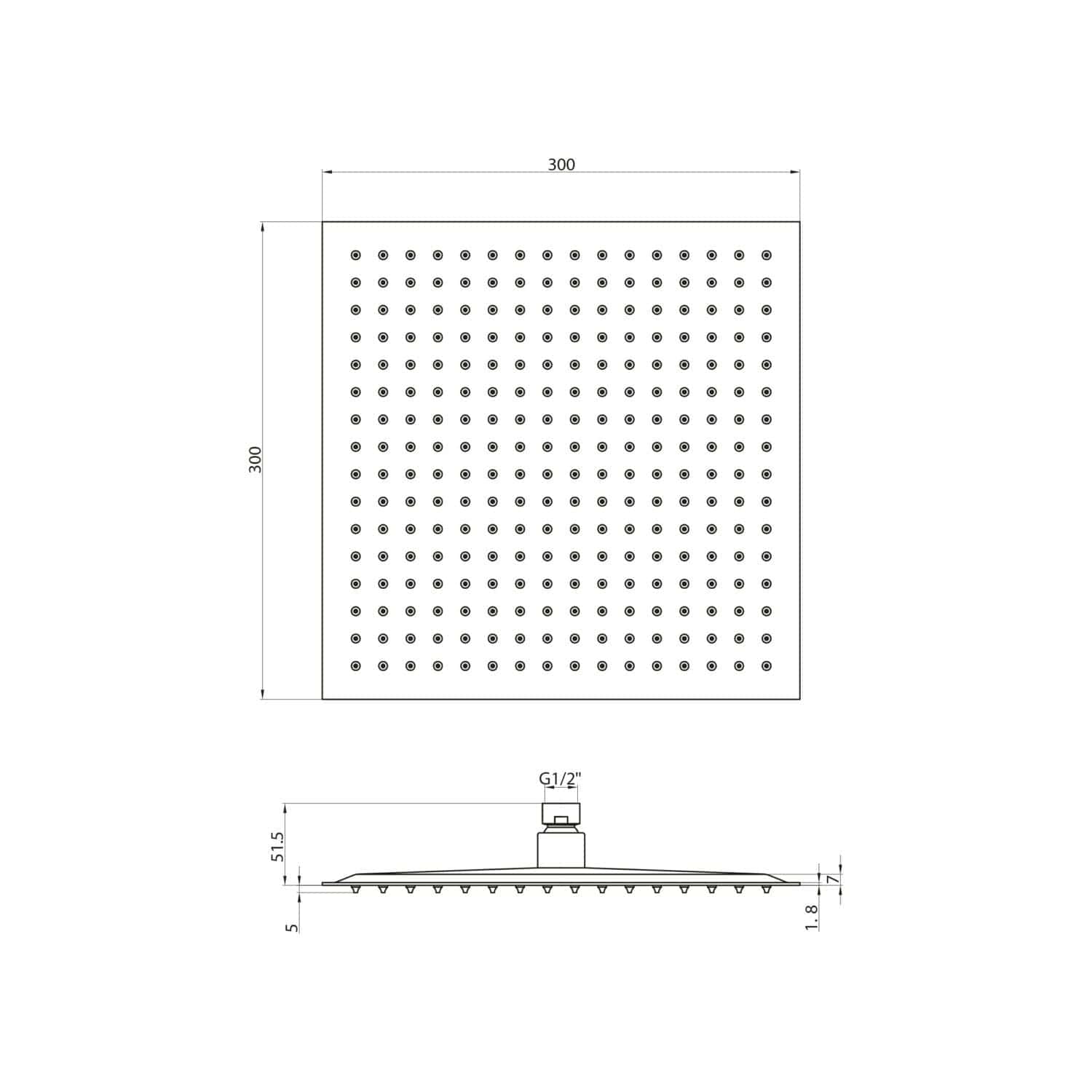 Square-shaped shower head with adjustable spray nozzles, 300mm diameter, chrome finish, suitable for modern bathrooms, easy to install and customise water flow for a luxurious shower experience.