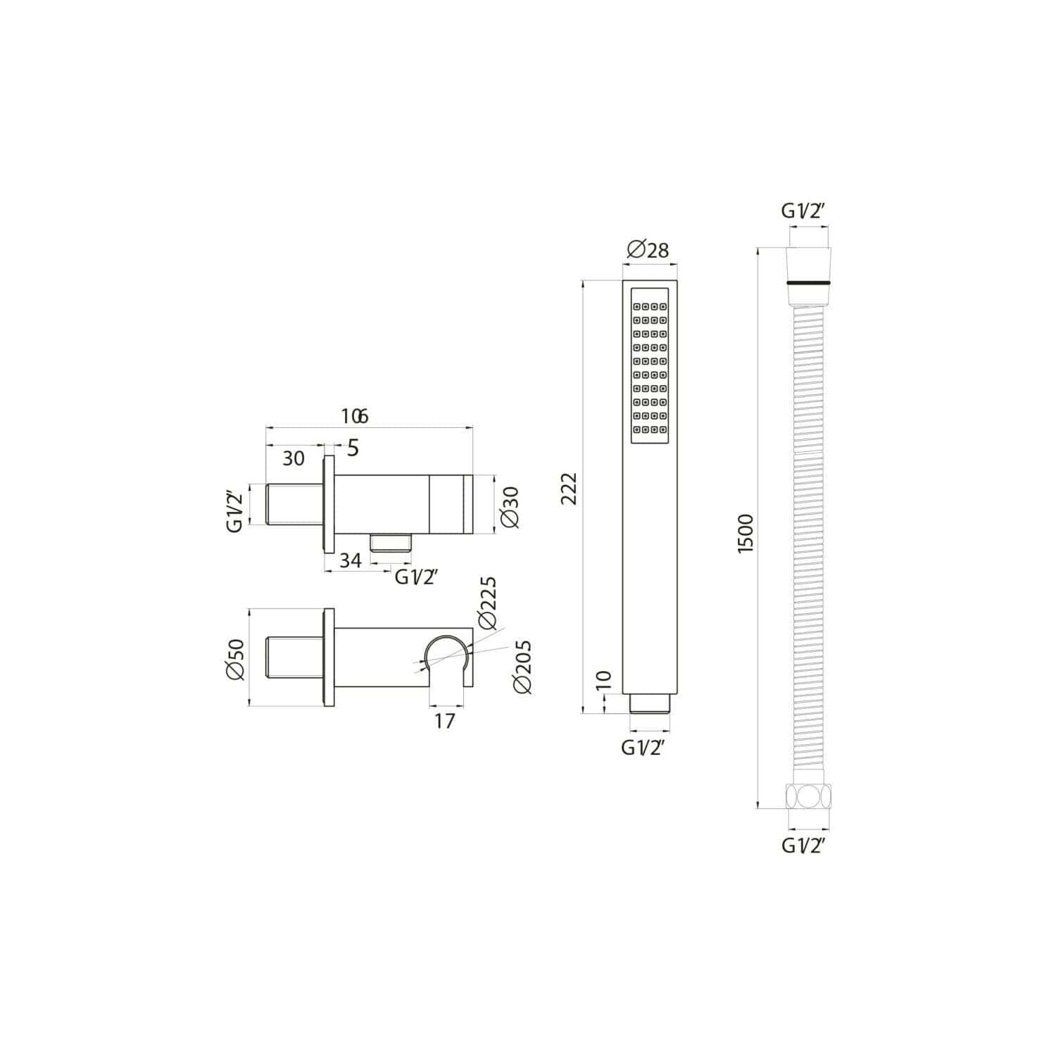 Sharp technical drawing of a modern bathroom shower panel with detailed measurements and specifications, showcasing sleek design and durability in high-quality bathroom fittings.