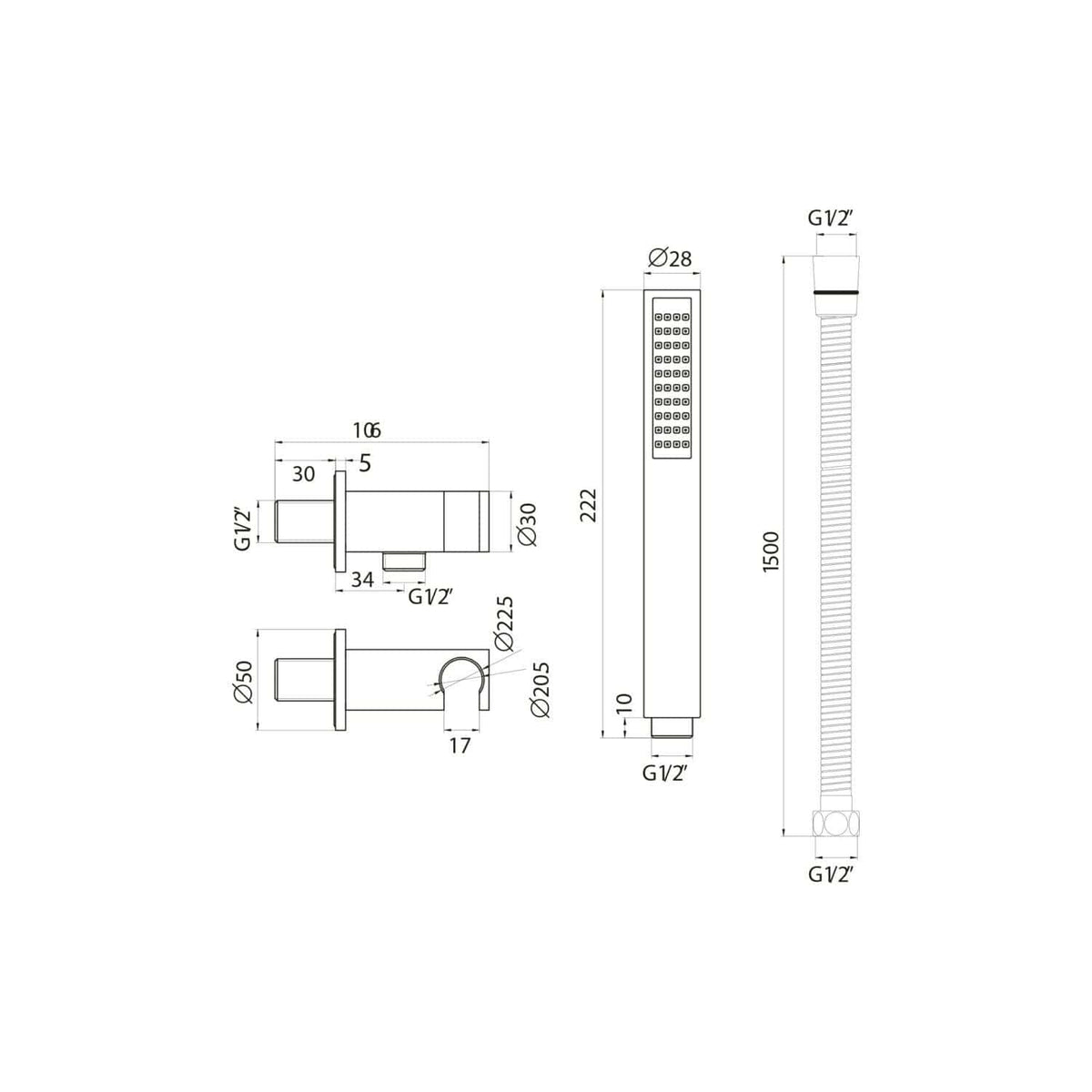 High-resolution shower panel technical drawing with detailed measurements for modern bathroom fixtures.