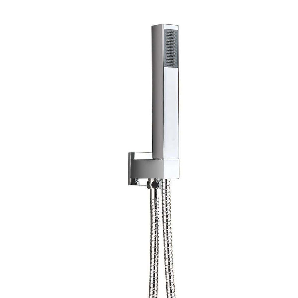 Modern handheld shower head with sleek silver finish and flexible hose, ideal for luxurious bathroom renovations. Perfect for spa-like bathroom designs and high-quality bathroom fixtures.