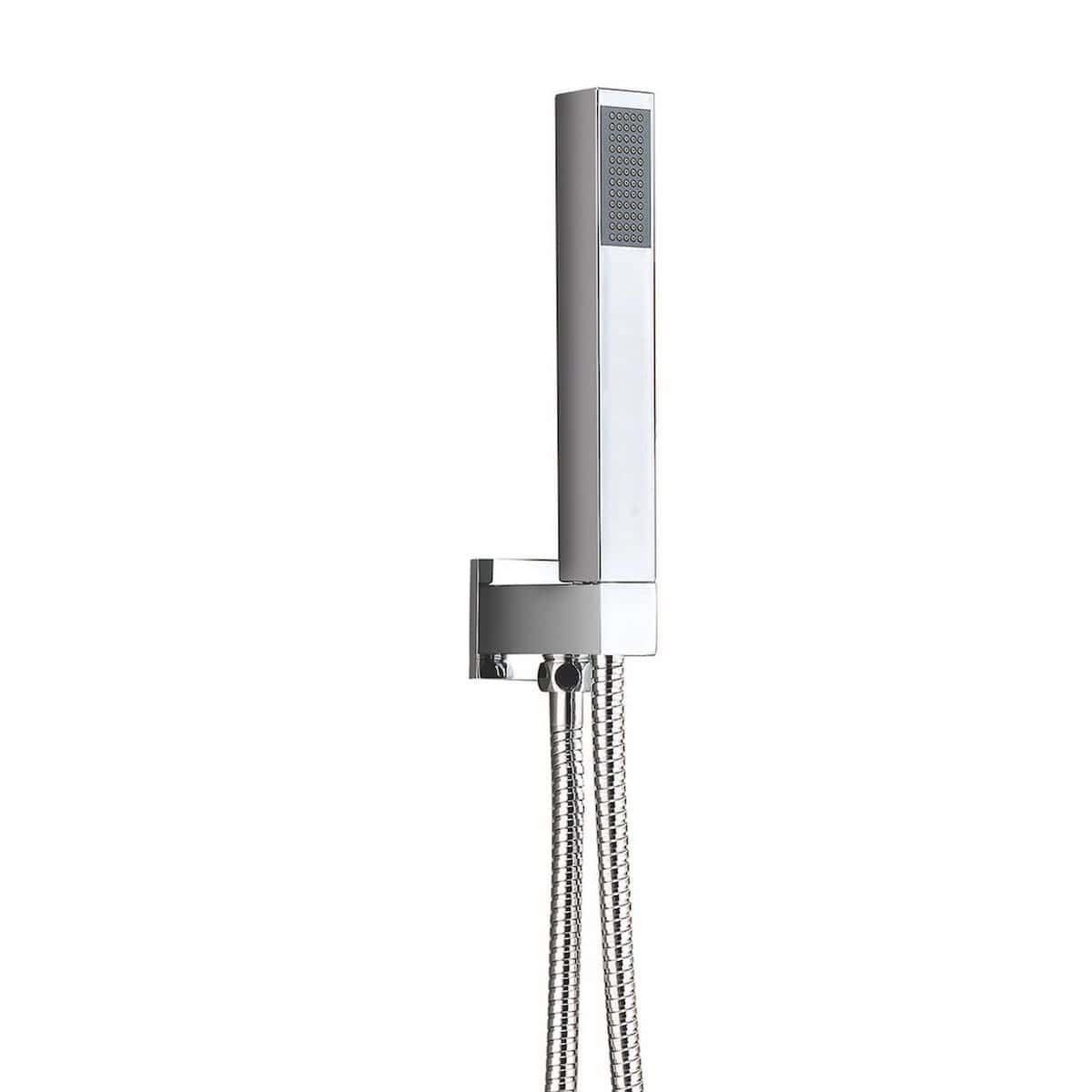 Modern handheld shower head with sleek silver finish and flexible hose, ideal for luxurious bathroom renovations. Perfect for spa-like bathroom designs and high-quality bathroom fixtures.