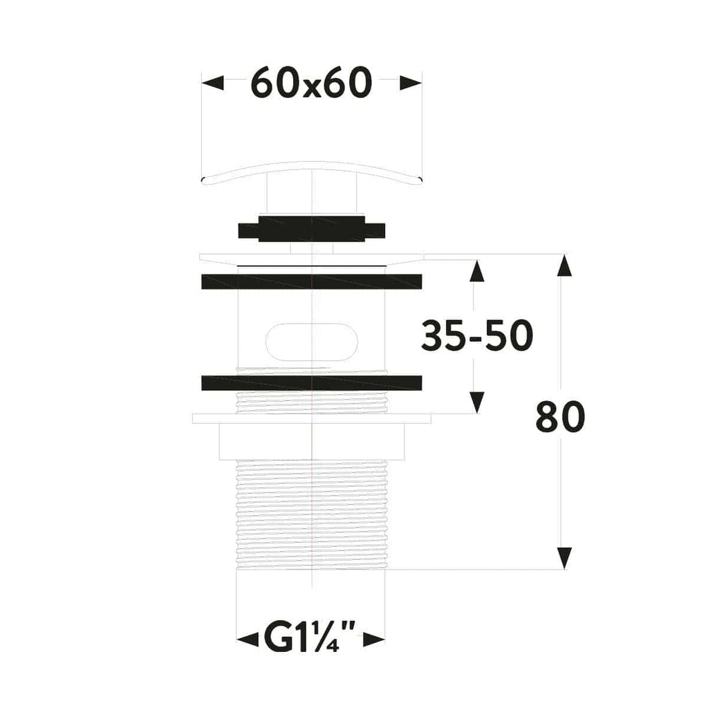 Alt text only: Technical drawing of bathroom sink drain assembly with measurements in millimeters and thread size G1¼" for Bubly Bathrooms kitchen and bathroom fixtures.