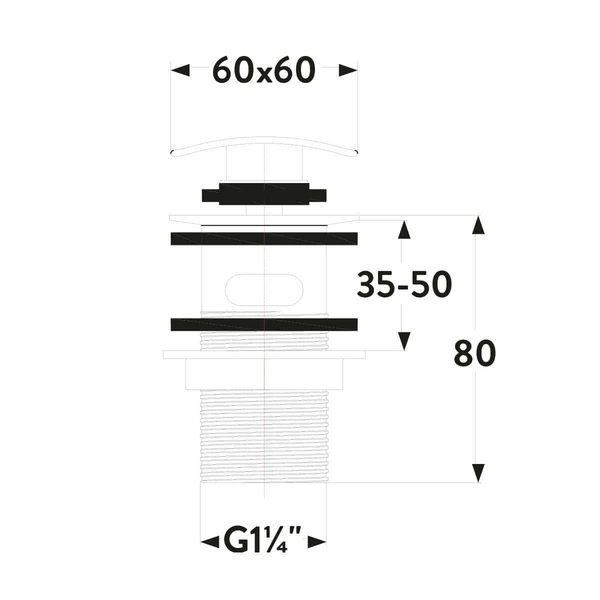 Alt text only: Technical drawing of bathroom sink drain assembly with measurements in millimeters and thread size G1¼" for Bubly Bathrooms kitchen and bathroom fixtures.