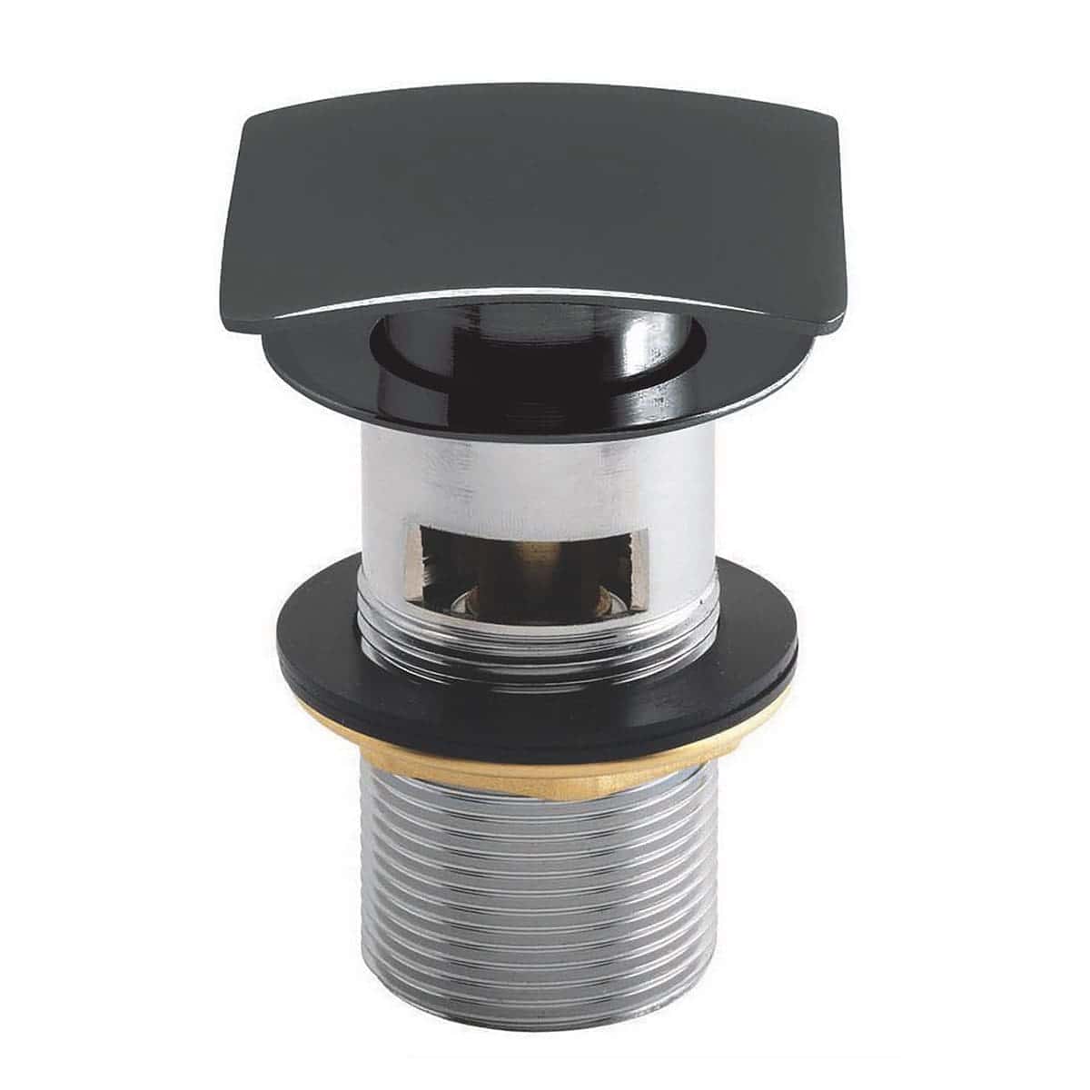 Brass bathroom sink pop-up drain assembly with black and chrome finish, compatible with modern bathroom fixtures, for easy installation and effective water drainage.
