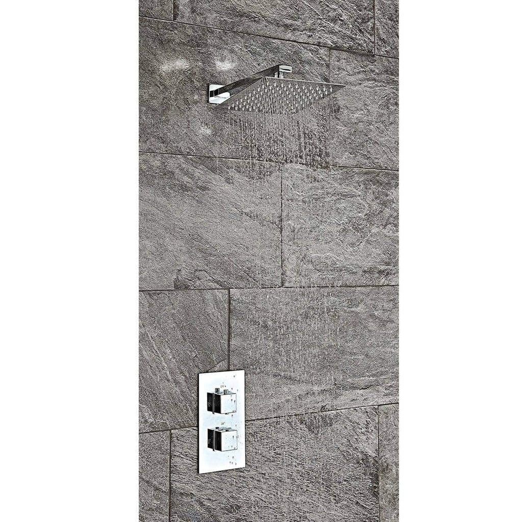 Sleek modern showerhead with rainfall design installed on a textured stone wall for luxurious bathroom experience.
