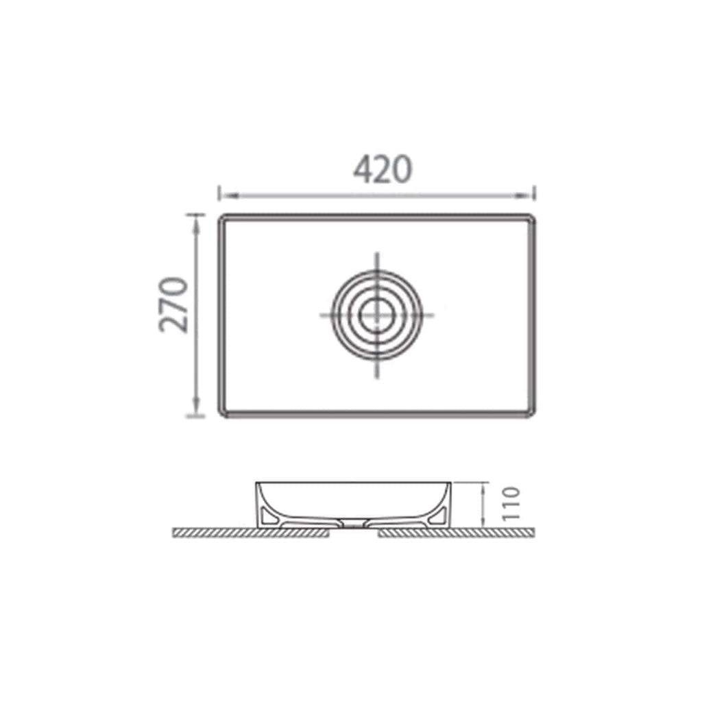 Stainless steel kitchen sink with dimensions 420mm x 270mm, featuring a modern design and a central drain hole, ideal for contemporary bathroom and kitchen renovation projects.