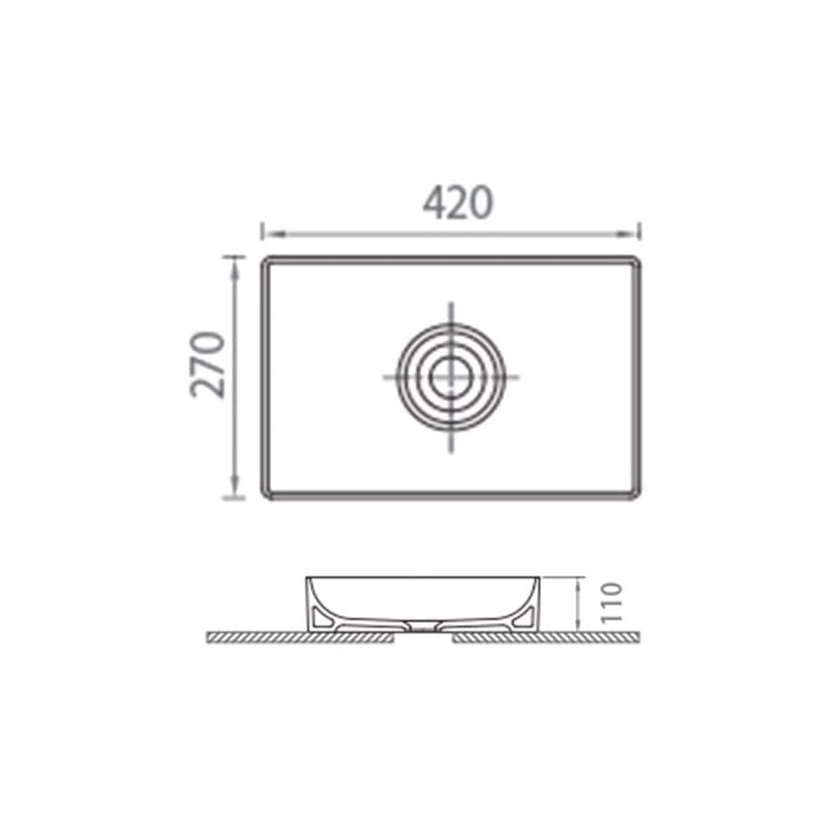 Stainless steel kitchen sink with dimensions 420mm x 270mm, featuring a modern design and a central drain hole, ideal for contemporary bathroom and kitchen renovation projects.