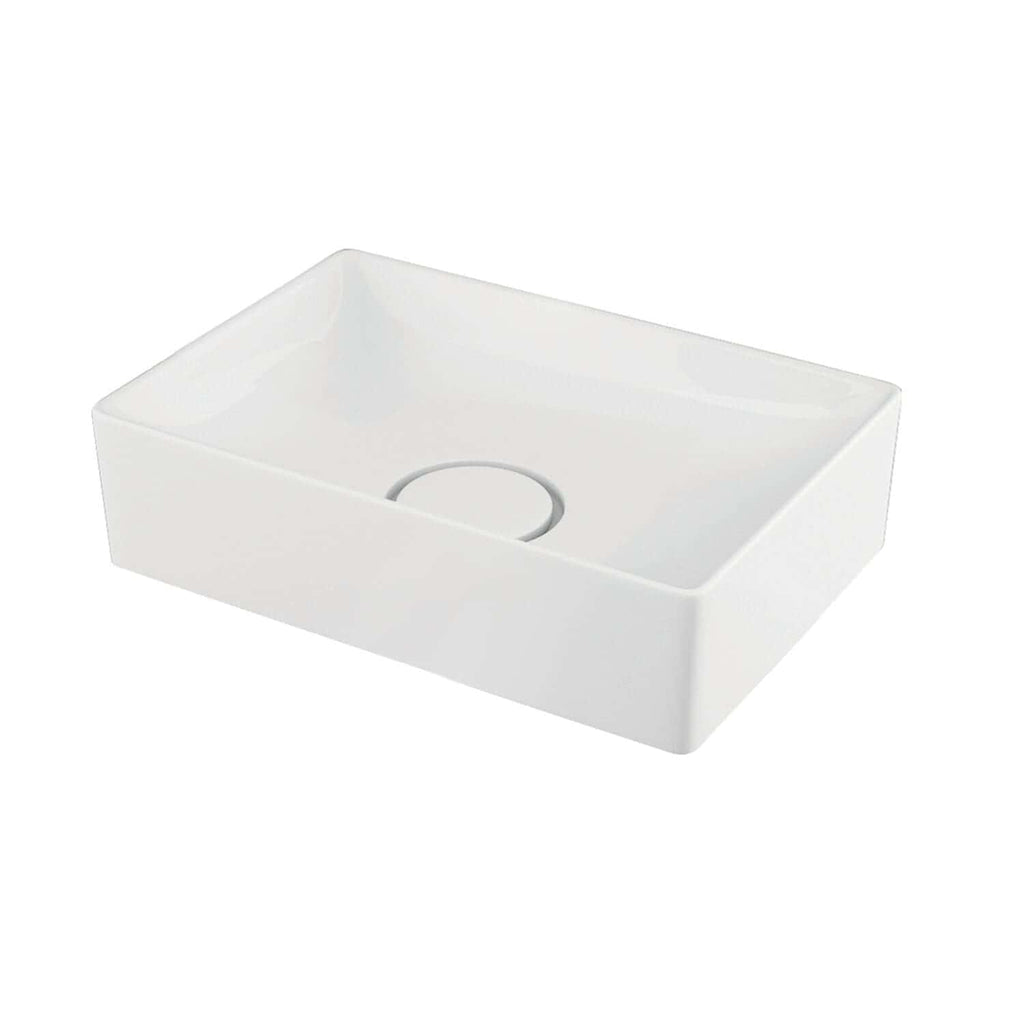 Minimalist white rectangular bathroom sink with smooth edges, designed for modern bathroom decor, featuring a central drain hole and easy installation. Perfect for contemporary bathroom remodels.