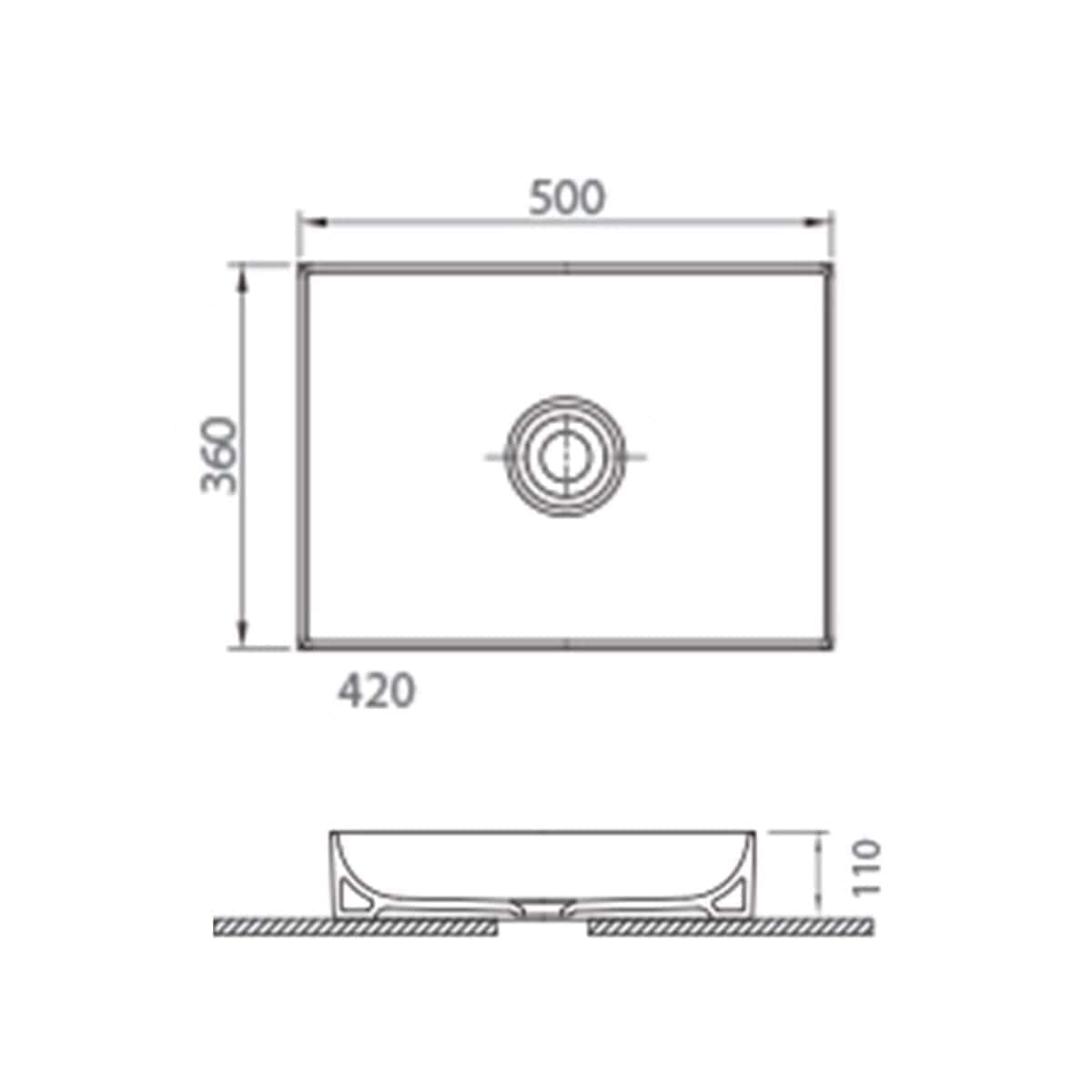 Sleek square kitchen sink with modern design, measuring 500mm x 360mm with 110mm height, featuring a central drain and smooth edges, ideal for contemporary bathroom or kitchen renovations.