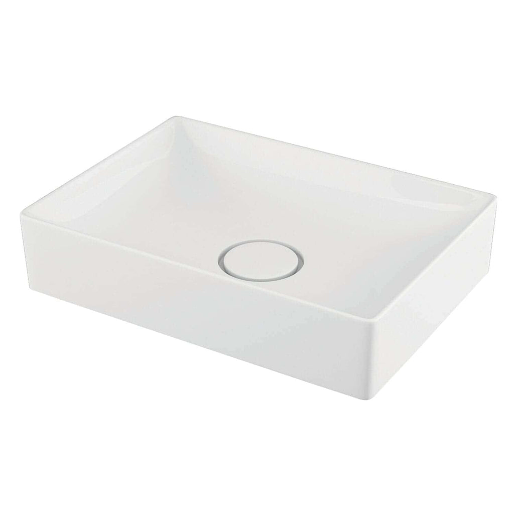 Smooth white rectangular bathroom sink with integrated drain hole, modern design, ideal for contemporary bathroom renovations, seamless surface, durable ceramic material.
